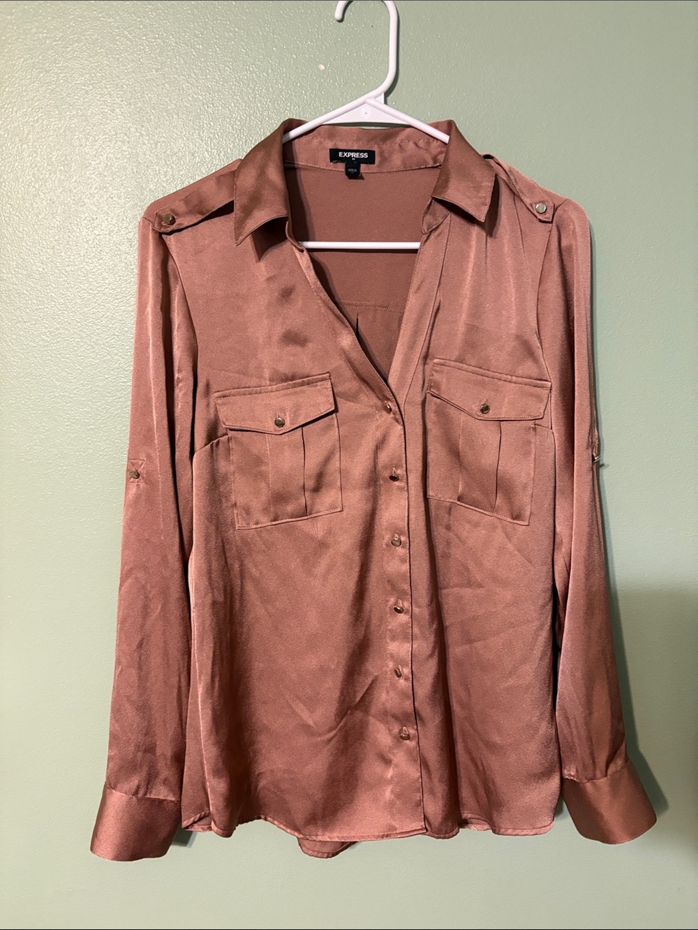 Express Satin Button-Down Blouse in Dusty Rose Brown
